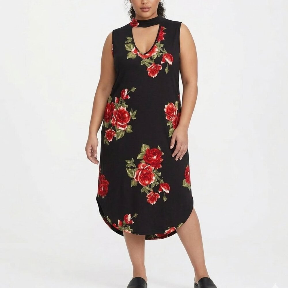 Cleo Black Floral Midi Dress 2X Plus Choker Neck Stretch Knit Curved Hem